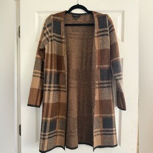 Open-Front Plaid Long Cardigan Sweater in Brown